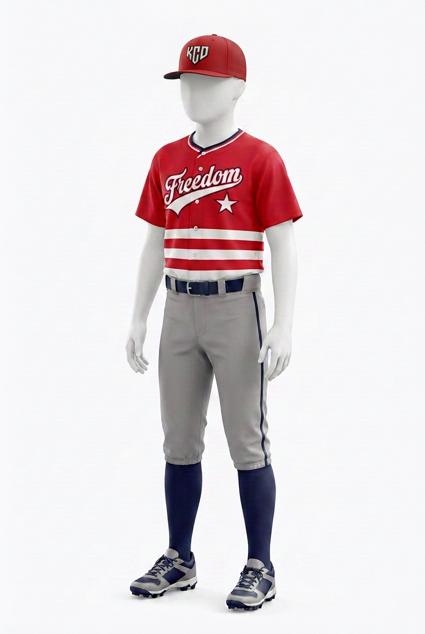 Youth mannequin wearing the Freedom Red kit: red Freedom jersey, gray pants with navy piping, navy belt and solid navy socks, and the red KCD cap