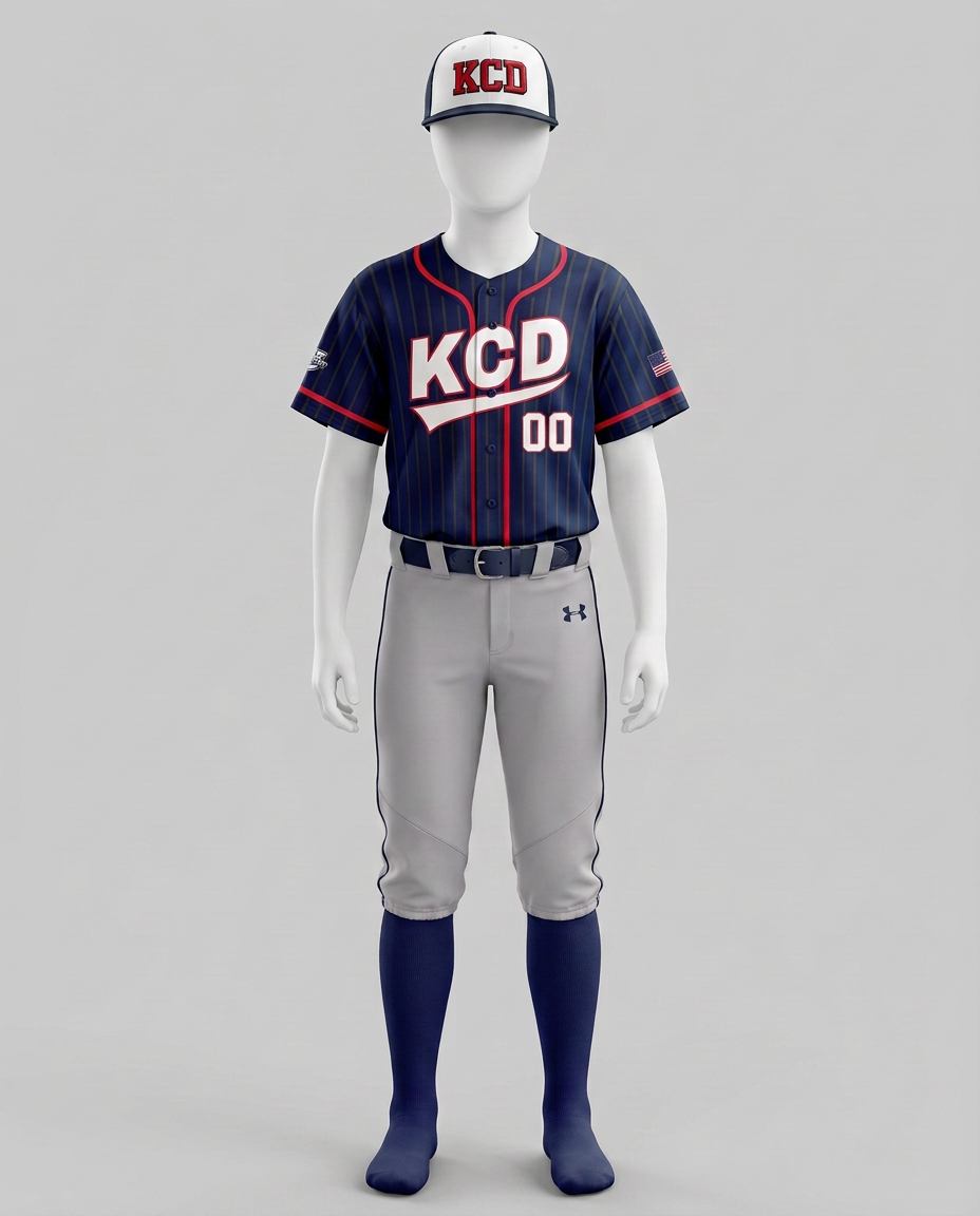 Youth mannequin wearing the KCD pinstripe kit: navy pinstriped jersey with red trim, gray pants with navy piping, navy belt, solid navy socks, and the white and navy KCD cap