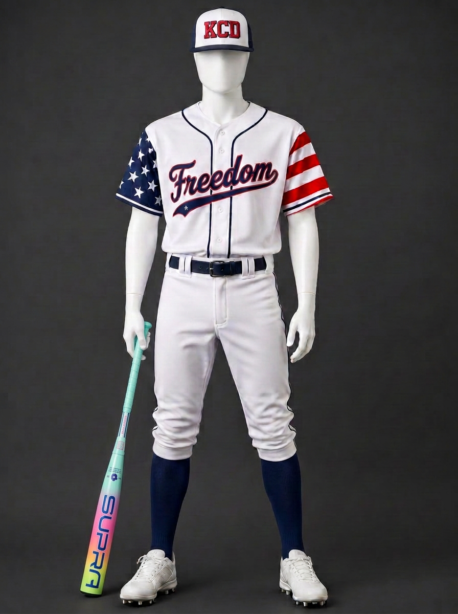 Youth mannequin wearing the Freedom USA kit: white jersey with navy and red Freedom script and American flag sleeves, white pants with navy piping, navy belt, solid navy socks, and the white and navy KCD cap